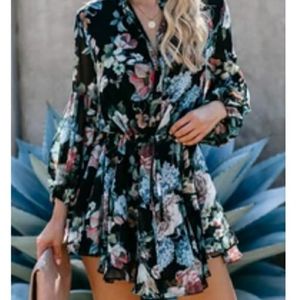 Floral adjustable balloon sleeve dress